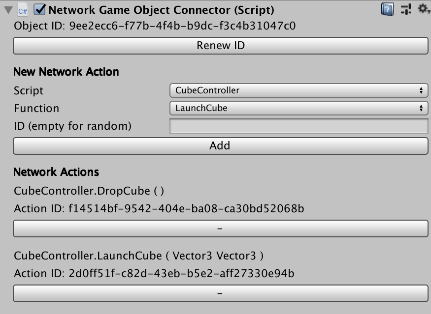 Screenshot of the Network GameObjec Connector with two registered methods