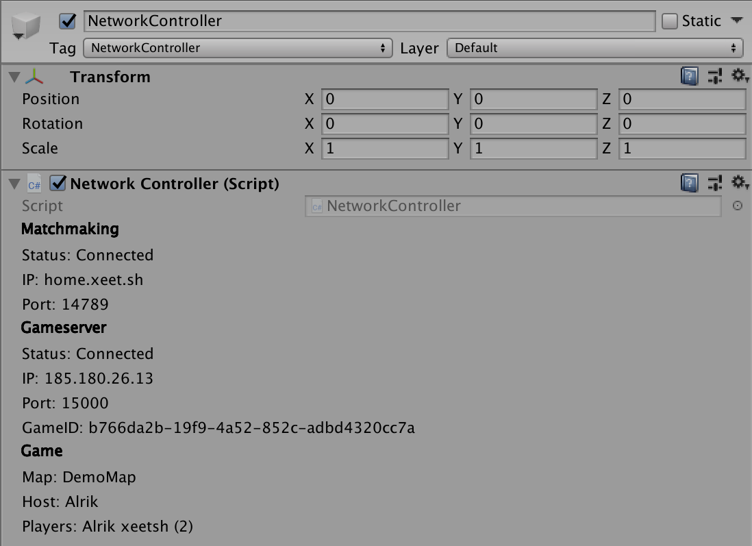 Screenshot of the network controller in the inspector